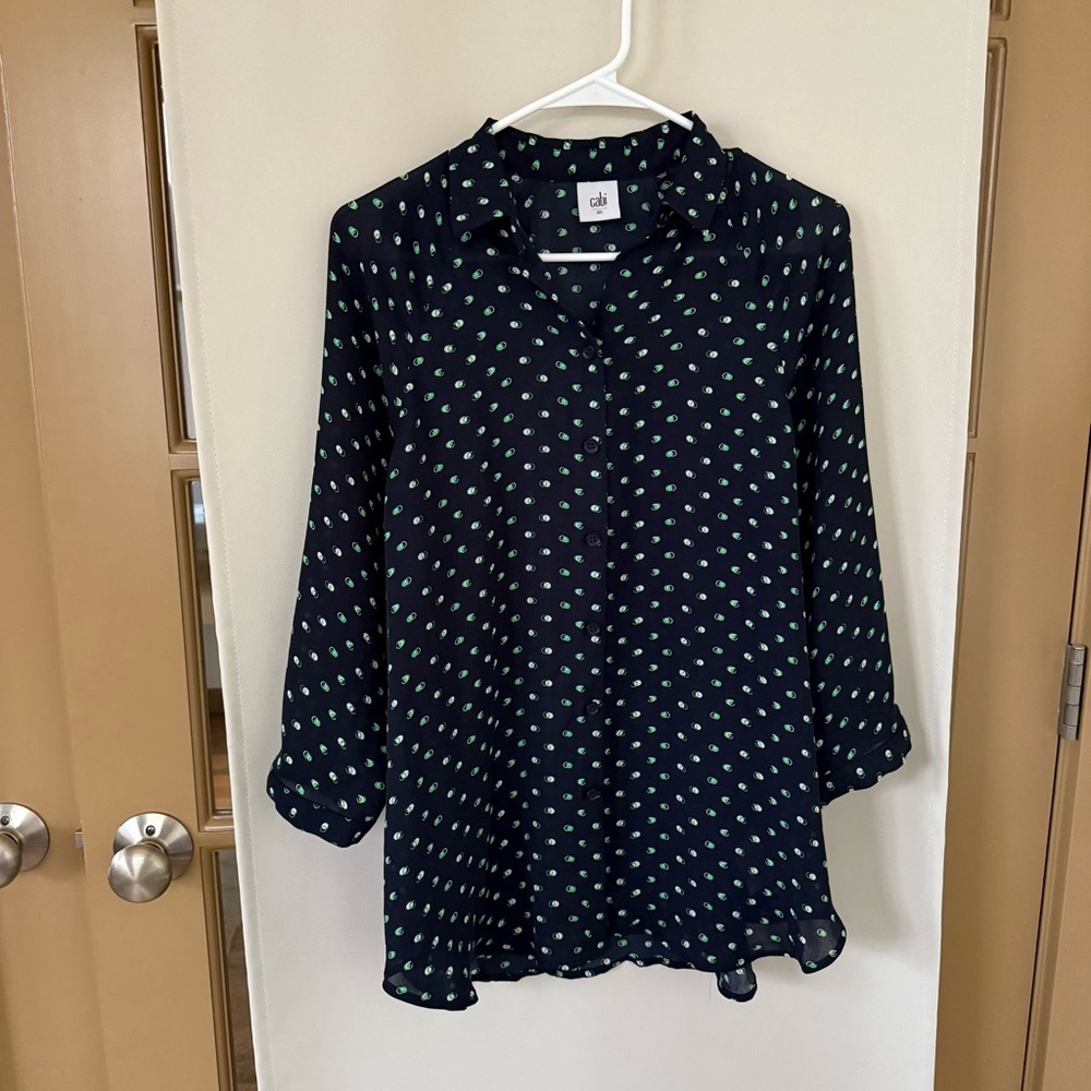 Cabi Womens XS Navy Blue Olive Martini Long Sleeve Button Up‎ Blouse